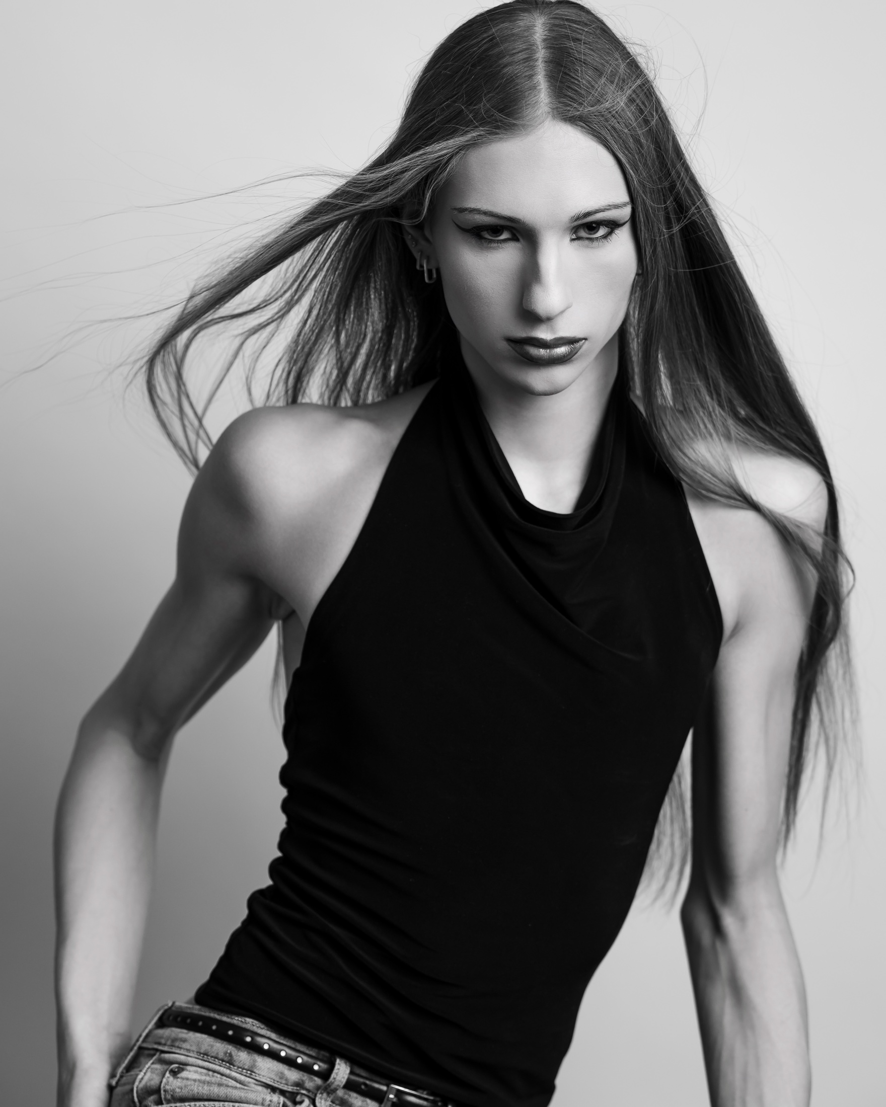 Black-and-white studio editorial portrait