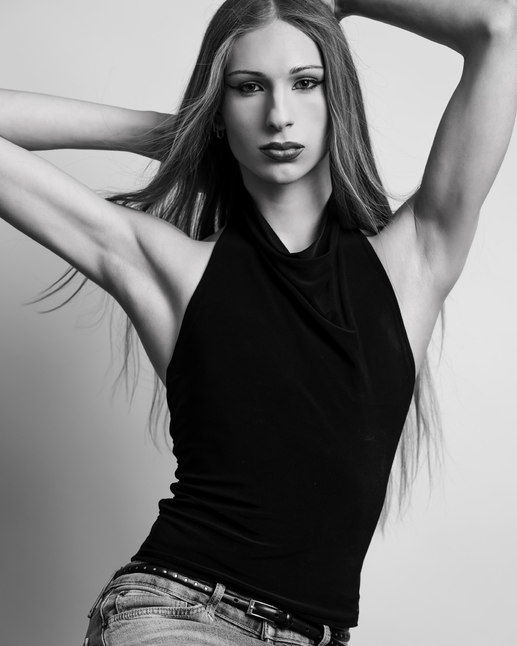 Black-and-white close-up fashion portrait